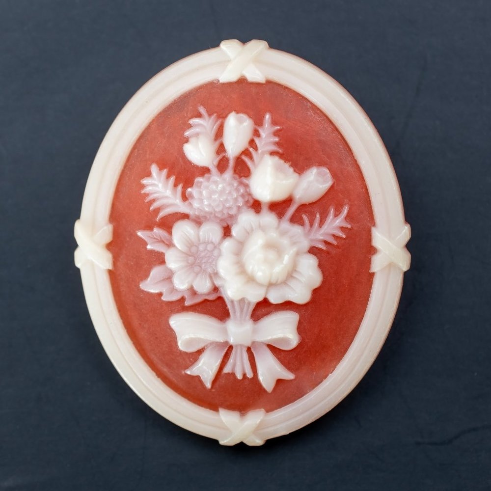 Flower cameo brooch, large orange floral collar pin